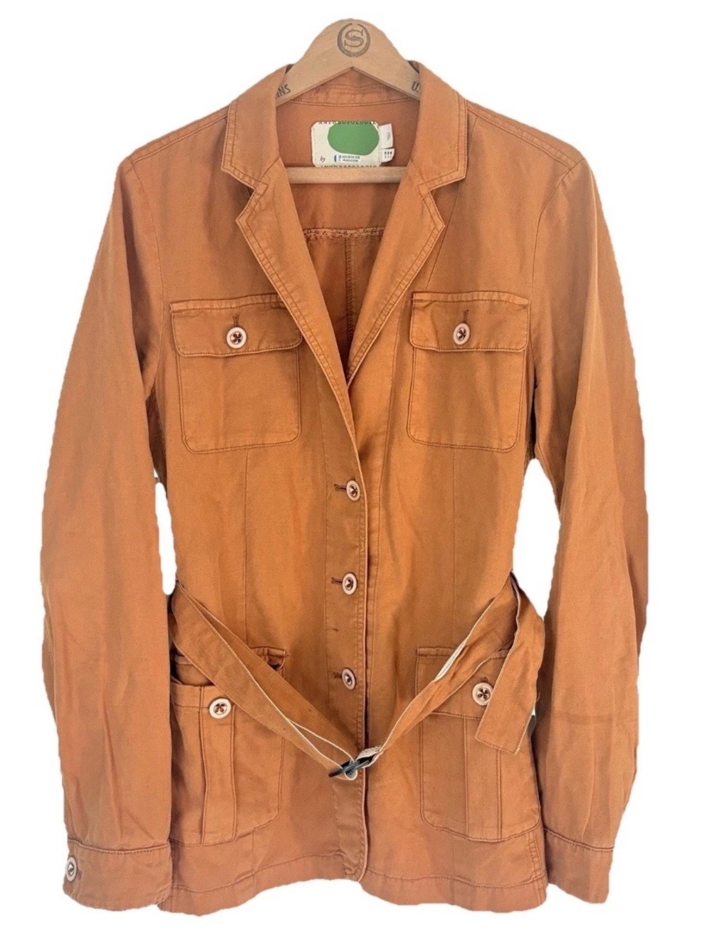 Anthropologie Cotton Linen Blend Orange Trench Coat Jacket w/Belt Womens Size 14